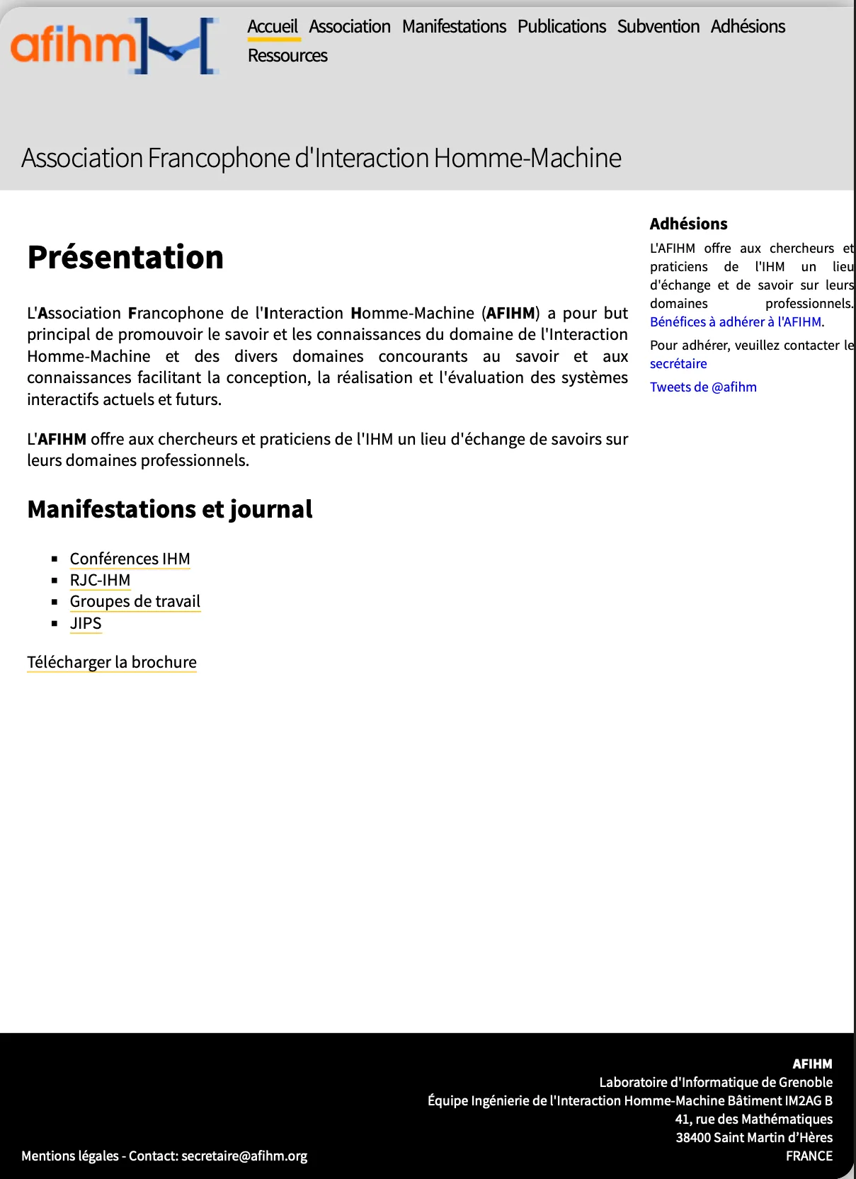 Capture d’écran du site web de l’AFIHM en 2014